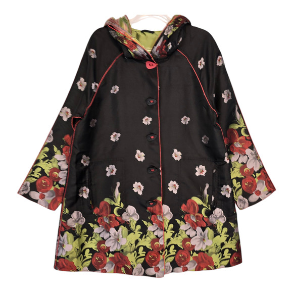 UBU Reversible Mid Length Jacket Pleated Hood Black Floral Striped Floral M - Picture 2 of 15